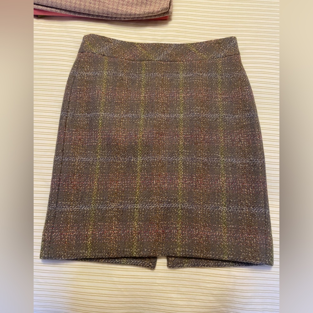J Crew thick wool plaid skirt.